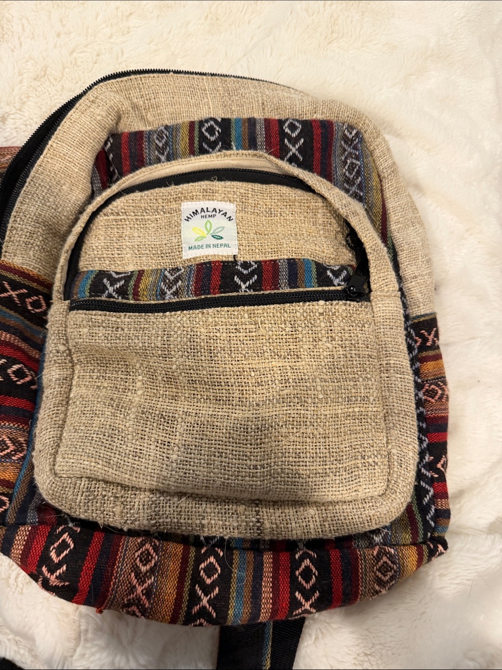 Himalayan Hemp Beige & Multicolo Backpack - Made in Nepal